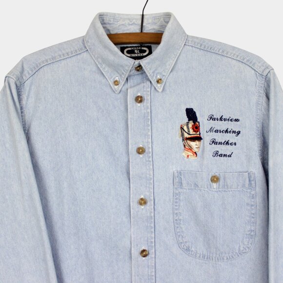 Vintage Parkview Marching Band Denim Shirt, Blue Jean Embroidered Button Down - Picture 2 of 8